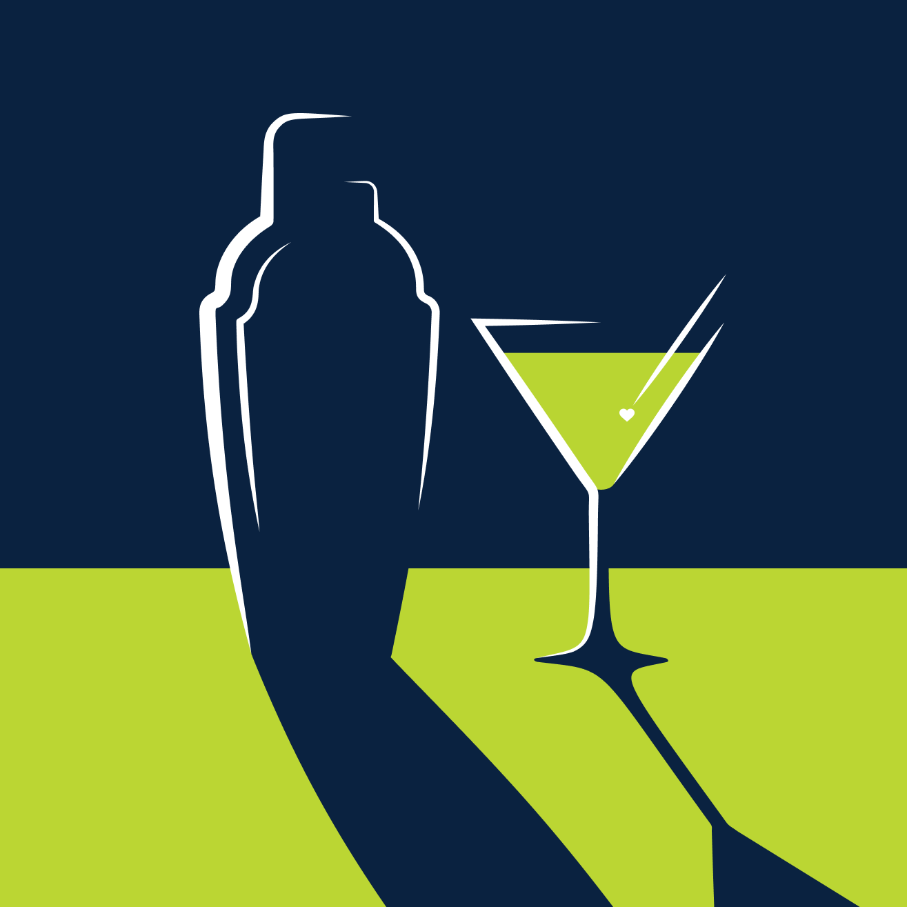 A cocktail shaker and a filled martini glass cast shadows before them.